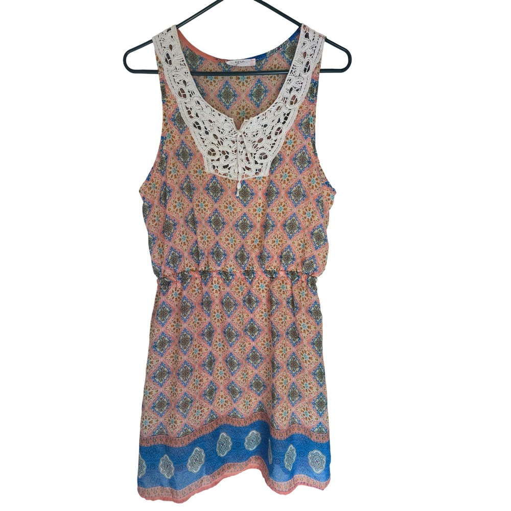 Ezra Womens Boho Crochet Lace Medallion Print Sleeveless Mini Dress Coral Blue L